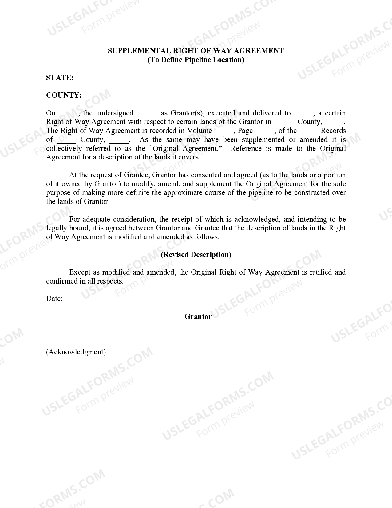 Pima Arizona Supplemental Right Of Way Agreement To Define Pipeline