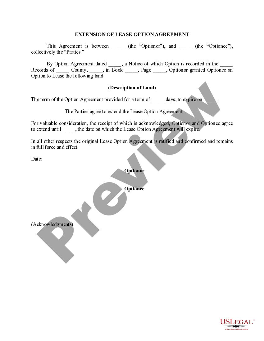 Extension of Lease Option Agreement US Legal Forms