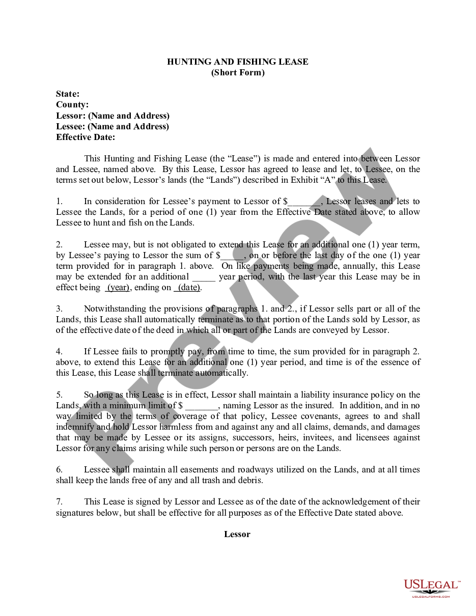 page 0 Hunting and Fishing Lease - Short Form preview