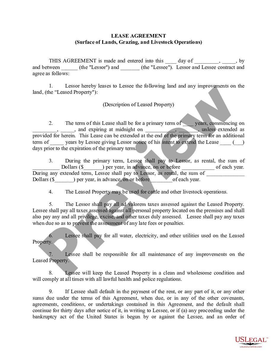 page 0 Lease Agreement for Surface of Lands, Grazing, and Livestock Operations preview