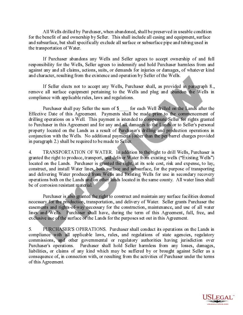 Preview Fresh Water Purchase Agreement Between Landowner and Operator For Use in Secondary Recovery Operations - Long Form