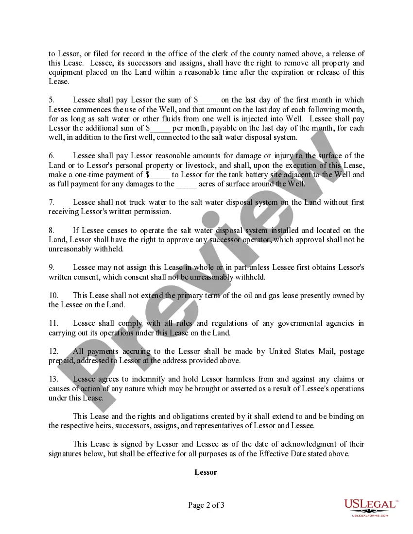 Get Salt Water Disposal Lease Using Existing Well Bore to Dispose of Water from Wells on Lessor's Lands Preview Salt Water Disposal Lease Using Existing Well Bore to Dispose of Water from Wells on Lessor's Lands