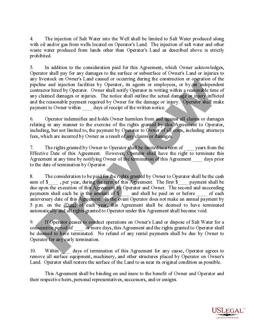 Get Salt Water Disposal Well Agreement Between Surface Owner and off Premises Operator Preview Salt Water Disposal Well Agreement Between Surface Owner and off Premises Operator
