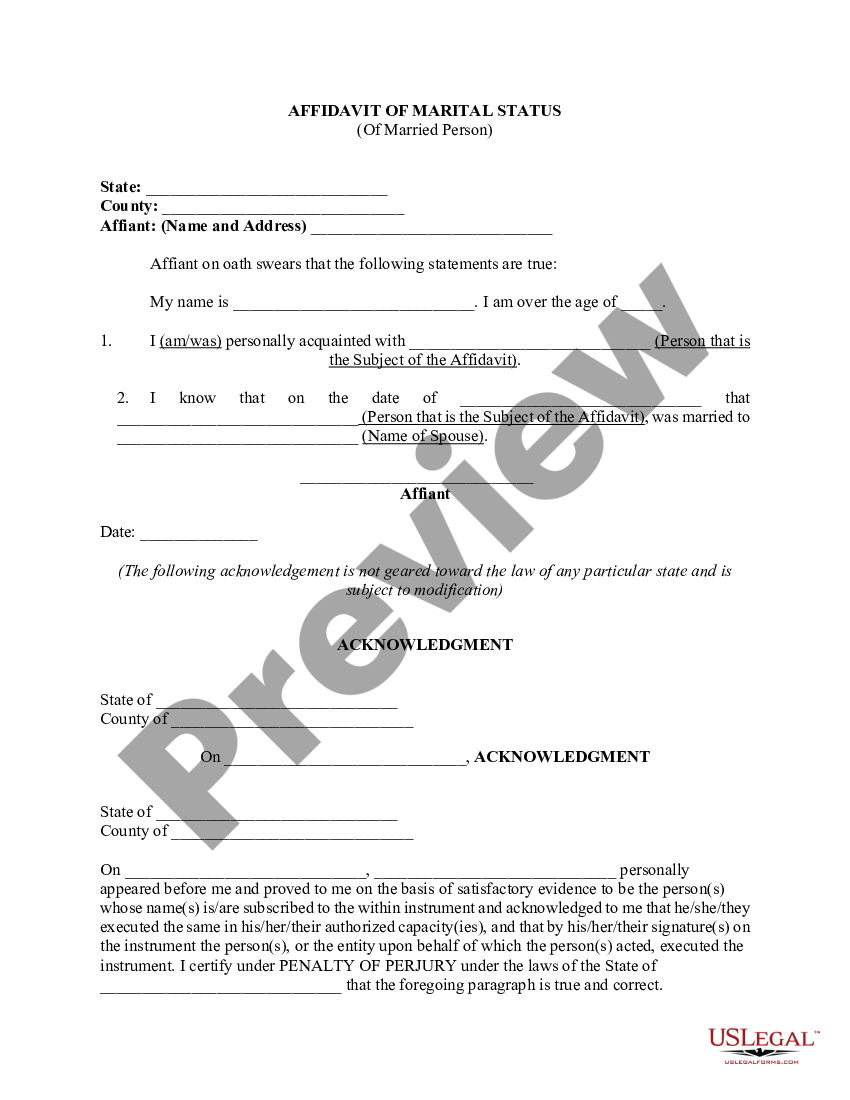 Affidavit Of Marital Status Of Married Person Marriage Status Us Legal Forms 1957