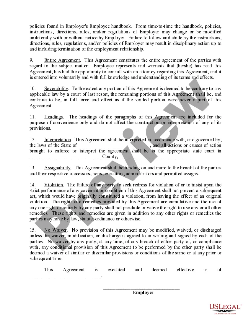 Get Employment Agreement with Covenant Not to Compete Preview Employment Agreement with Covenant Not to Compete