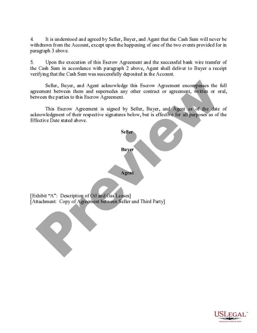 Get Escrow Agreement for Sale of Undivided Interest in Oil and Gas Leases Preview Escrow Agreement for Sale of Undivided Interest in Oil and Gas Leases