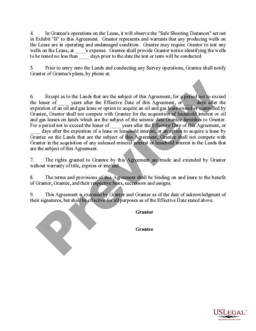 Get Seismic Agreement Allowing Third Party to Conduct Seismic Operation on Grantor's Lease Preview Seismic Agreement Allowing Third Party to Conduct Seismic Operation on Grantor's Lease