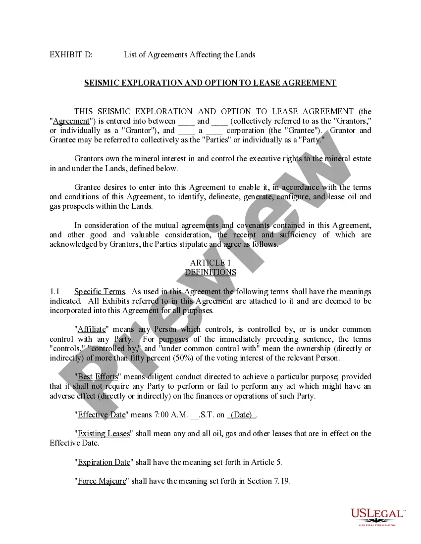 Get Seismic Exploration and Option to Lease Agreement - Long Form Preview Seismic Exploration and Option to Lease Agreement - Long Form