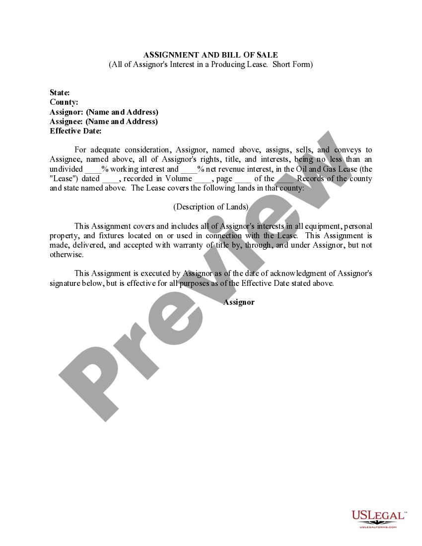 Assignment and bill of sale for all of assignor s interest in a
