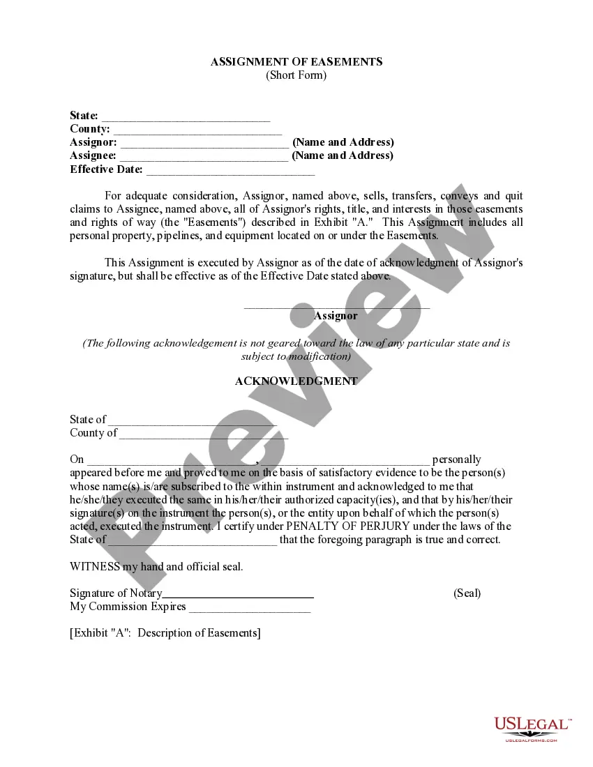 Preview Assignment of Easements - Short Form