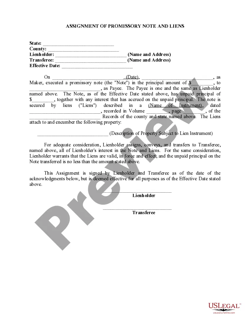 Get Assignment of Promissory Note and Liens Preview Assignment of Promissory Note and Liens