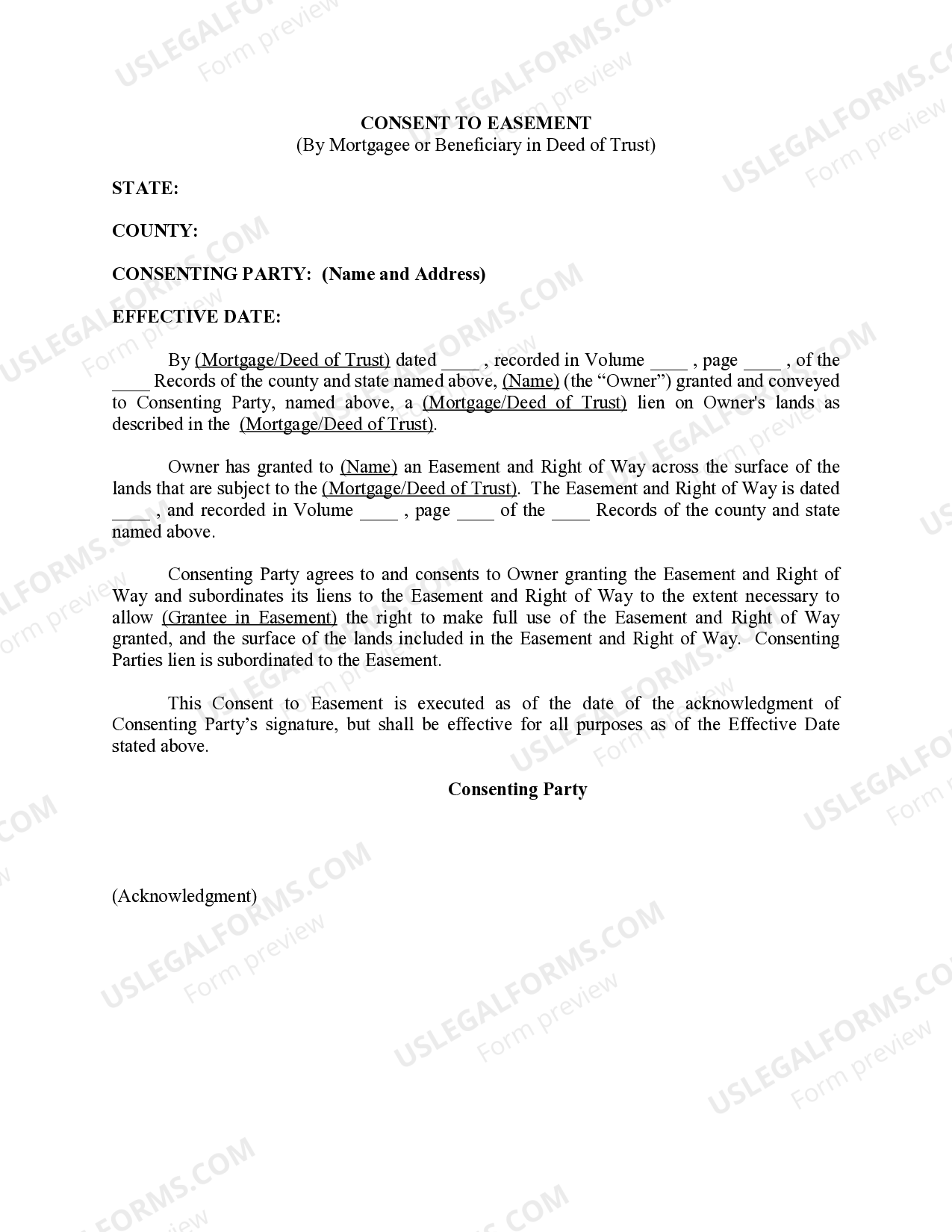 Consent to Easement by Mortgagee Or Beneficiary in Deed of Trust