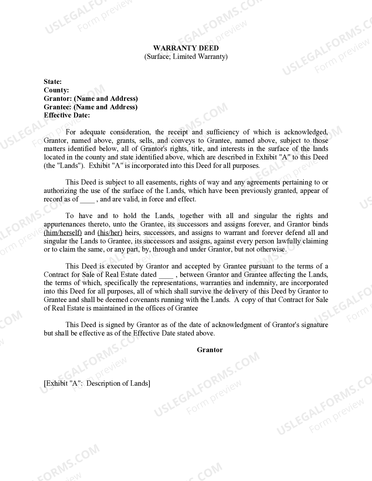 Warranty Deed for Surface with Limited Warranty Limited Warranty Deed