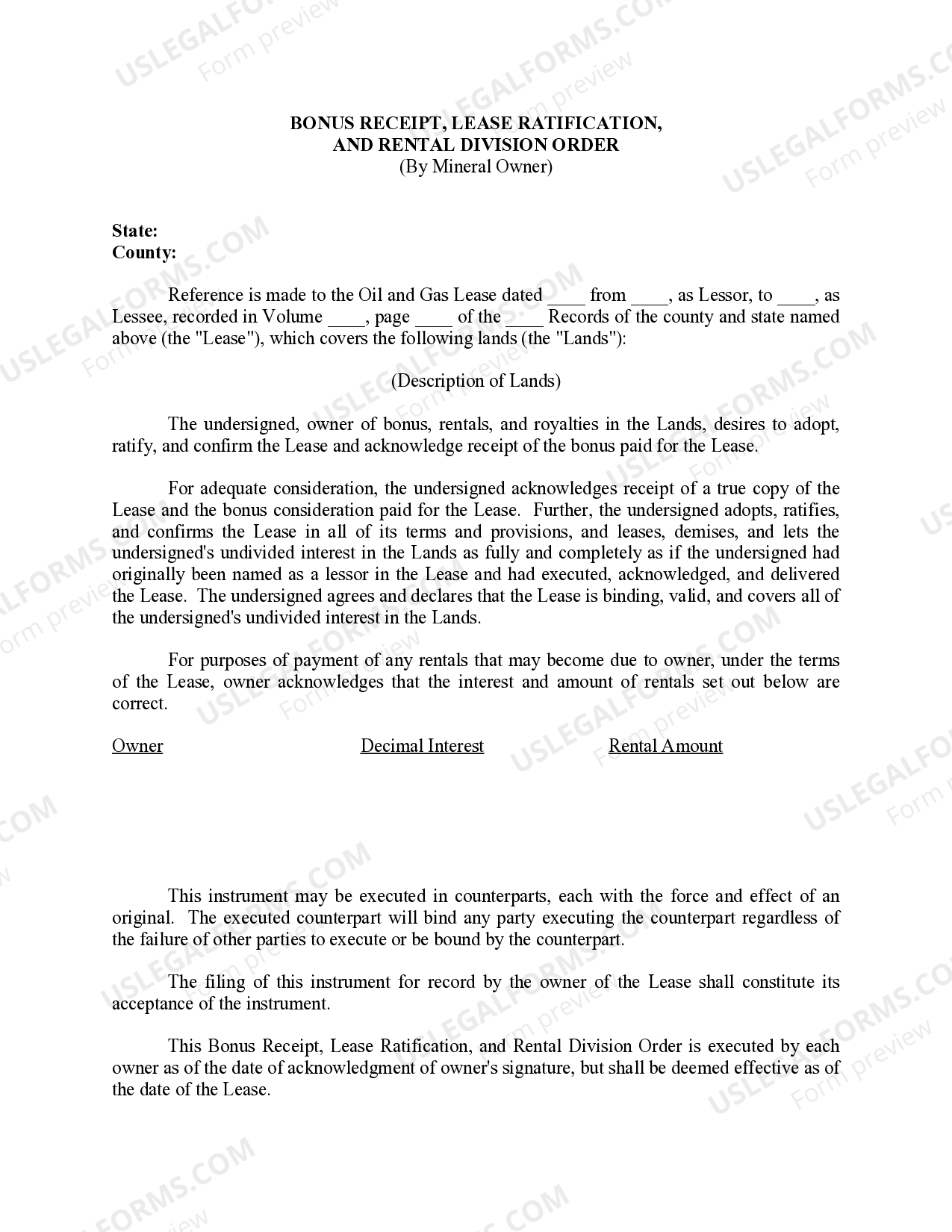 Bonus Receipt, Lease Ratification, and Rental Division Order by Mineral