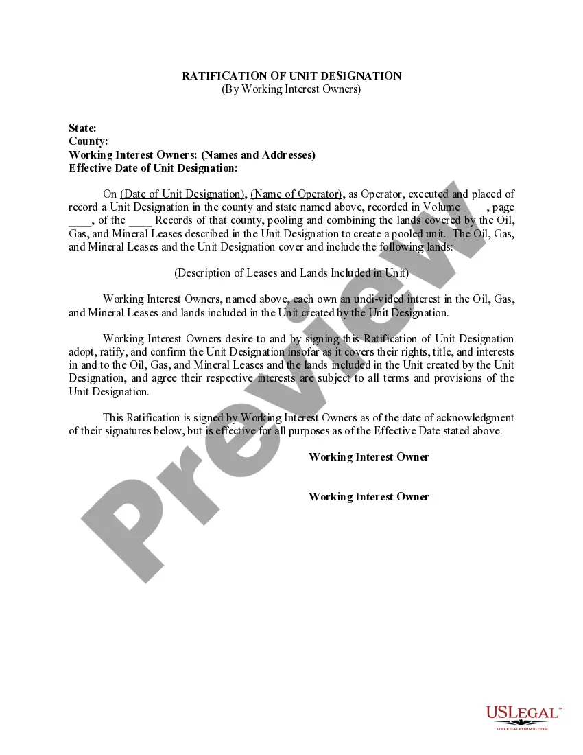 Get Ratification of Unit Designation by Working Interest Owners Preview Ratification of Unit Designation by Working Interest Owners