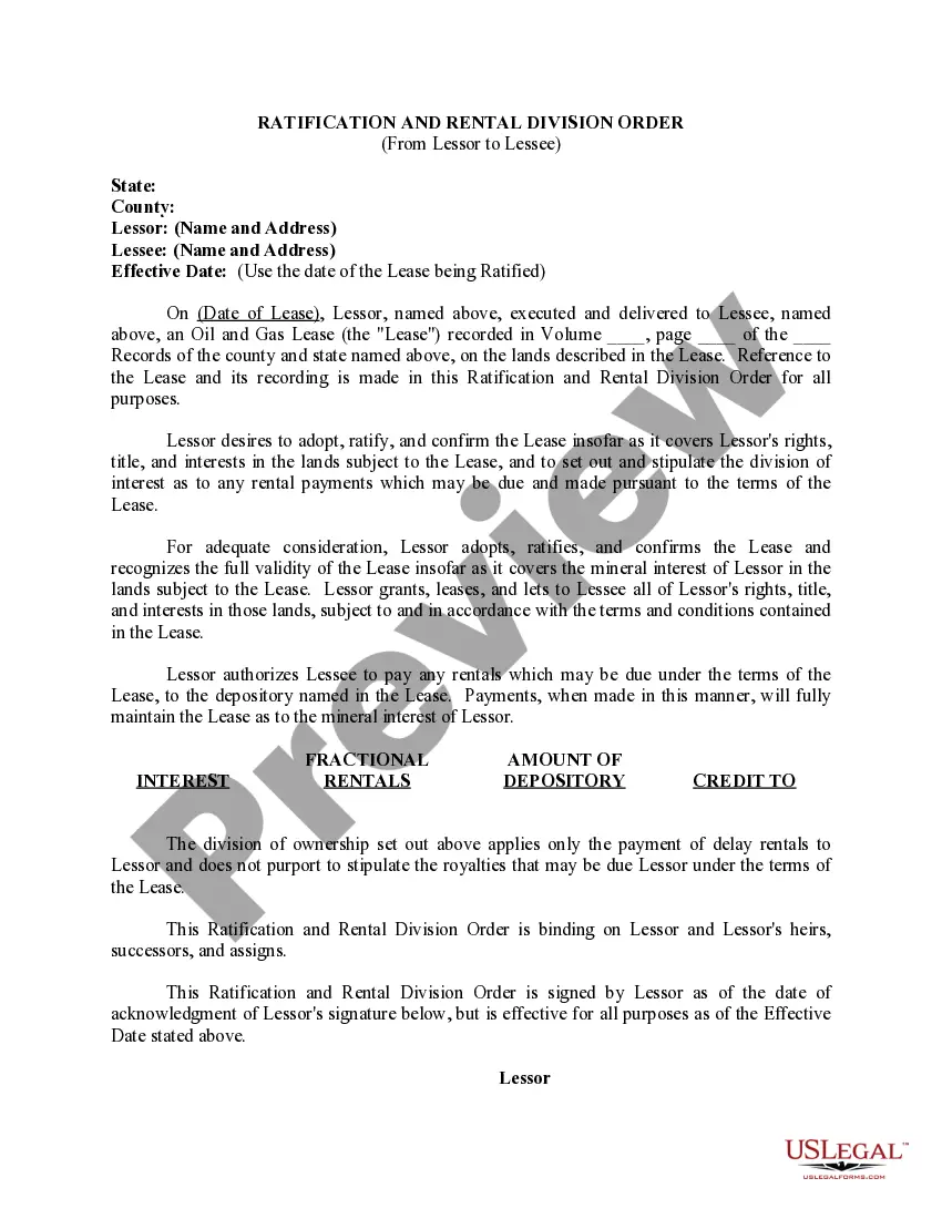 Get Ratification and Rental Division Order from Lessor to Lessee Preview Ratification and Rental Division Order from Lessor to Lessee