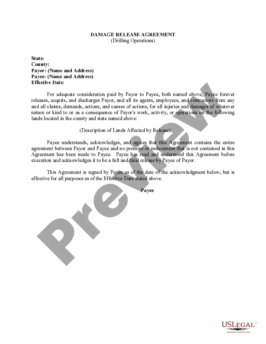Get Damage Release Agreement for Drilling Operations Preview Damage Release Agreement for Drilling Operations