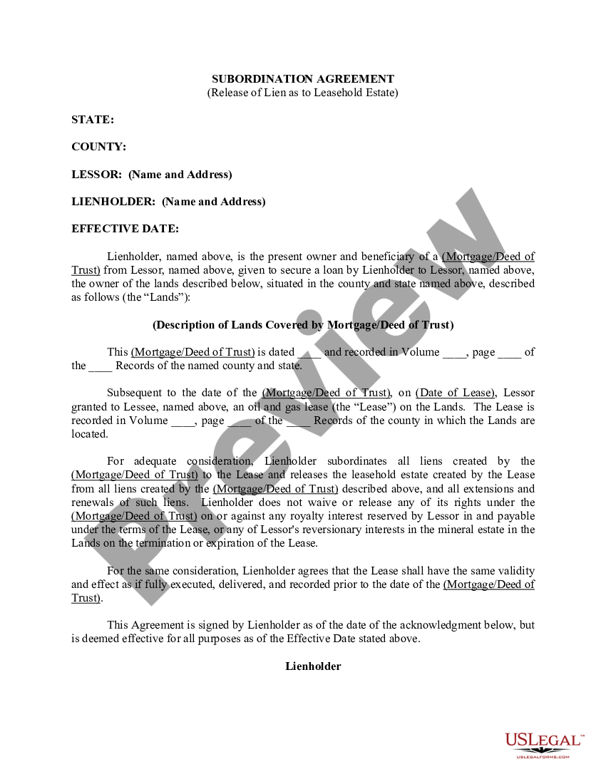 Subordination Agreement With Release of Lien As to Leasehold Estate ...