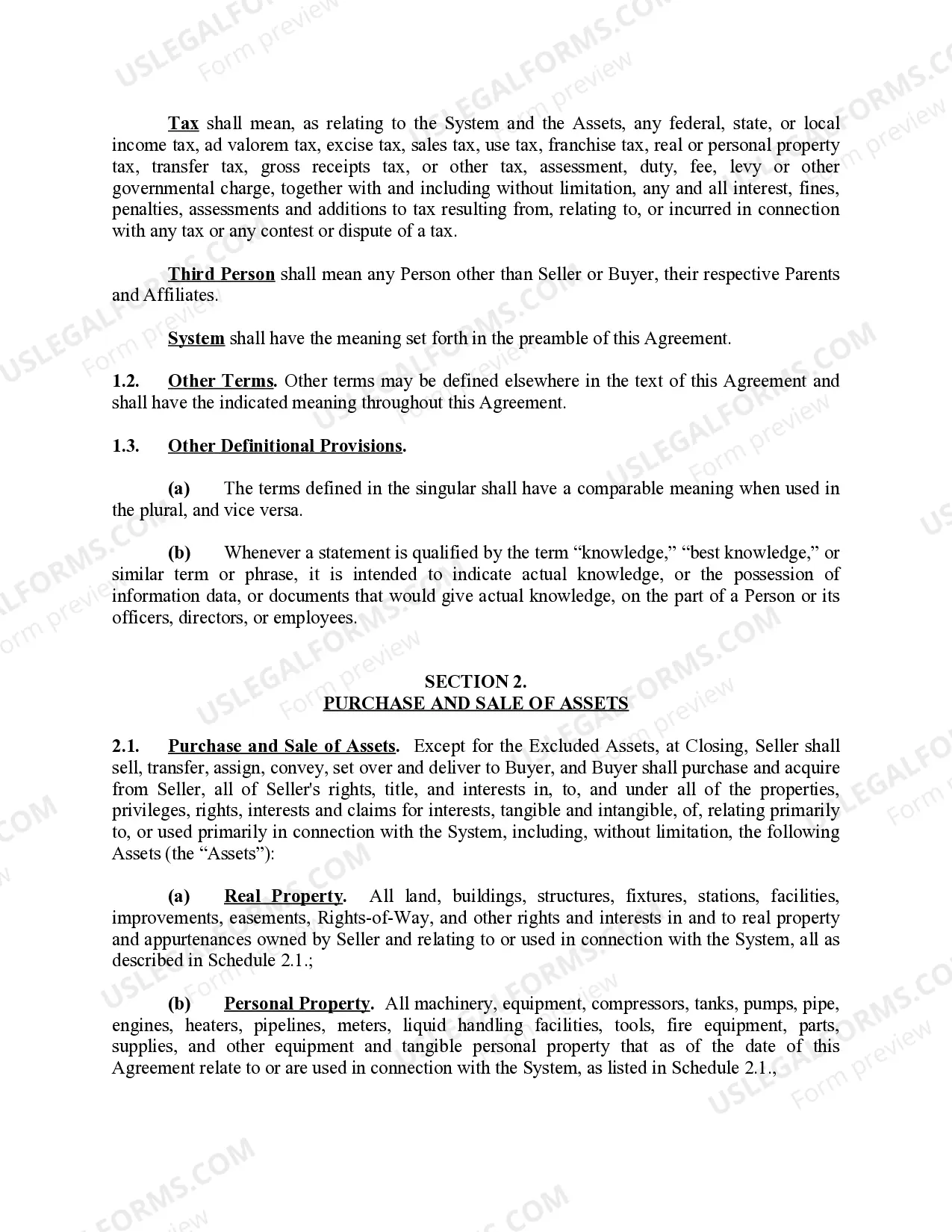 Preview Facilities Sale Agreement for Plant and Pipeline
