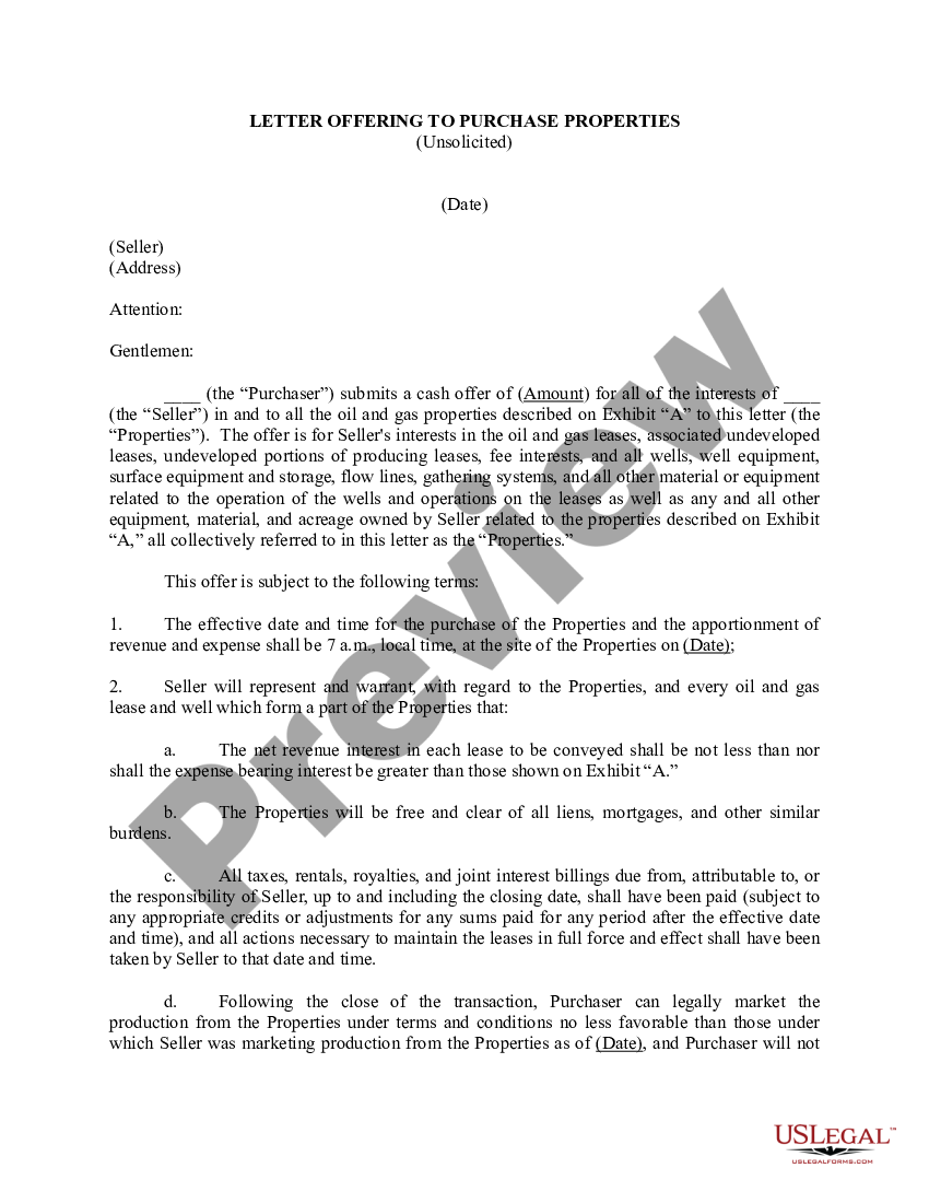 Letter offering to Purchase Properties that is Unsolicited Letter