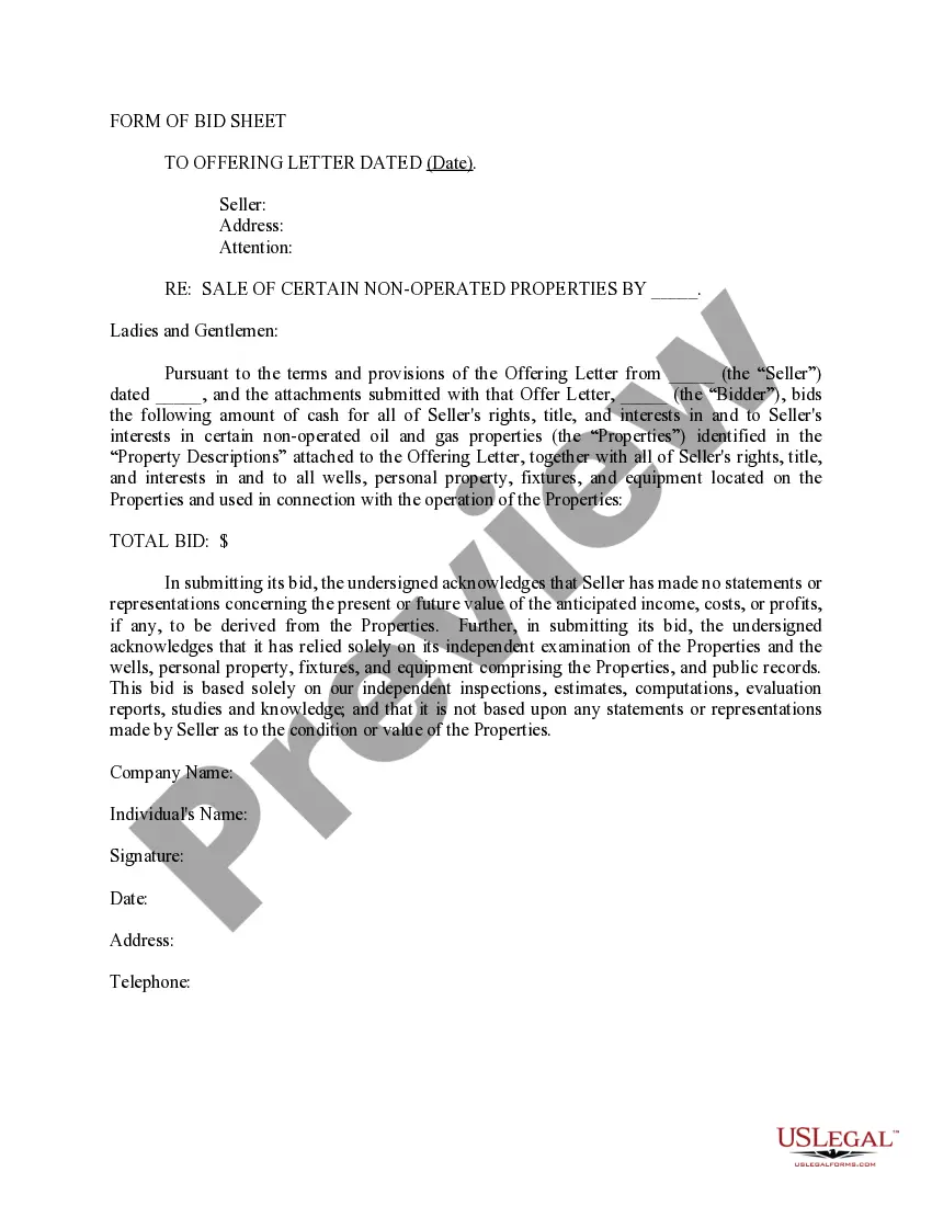 Get Letter offering to Sell Non-Operated Properties that is Unsolicited and includes Conditions of offer Preview Letter offering to Sell Non-Operated Properties that is Unsolicited and includes Conditions of offer