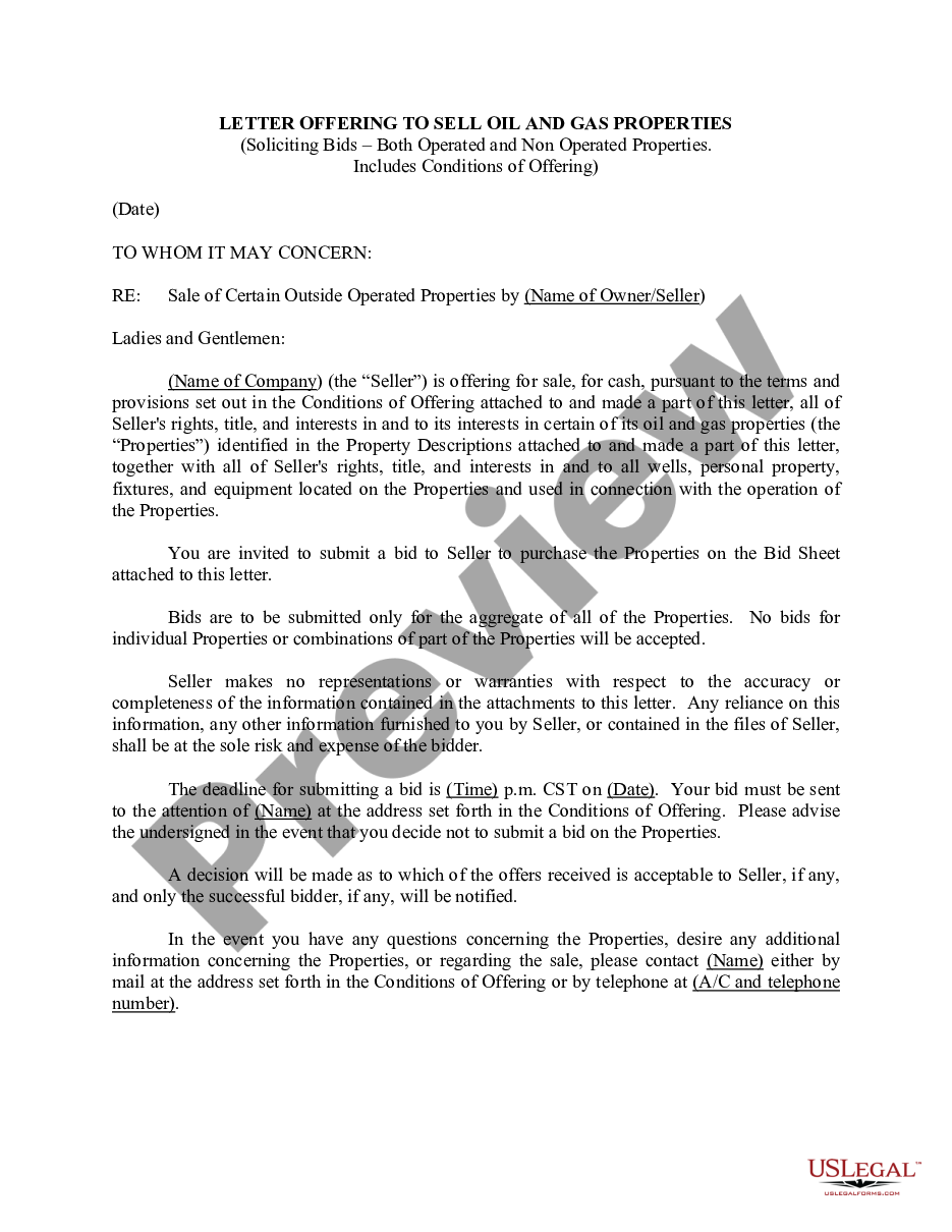 page 0 Letter offering to Sell Oil and Gas Properties Soliciting Bids for Both Operated and Non Operated Properties and includes Conditions of offering preview
