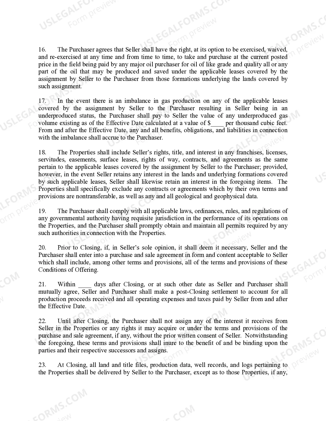 Preview Letter offering to Sell Oil and Gas Properties Soliciting Bids for Both Operated and Non Operated Properties and includes Conditions of offering