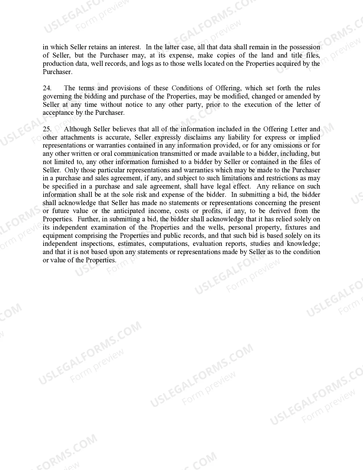 Preview Letter offering to Sell Oil and Gas Properties Soliciting Bids for Both Operated and Non Operated Properties and includes Conditions of offering