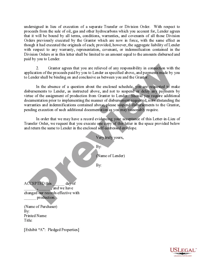 Get Letter in Lieu of Transfer Order Directing Payment to Lender Preview Letter in Lieu of Transfer Order Directing Payment to Lender