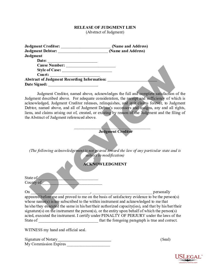 Nassau New York Release of Judgment Lien Abstract of Judgment US