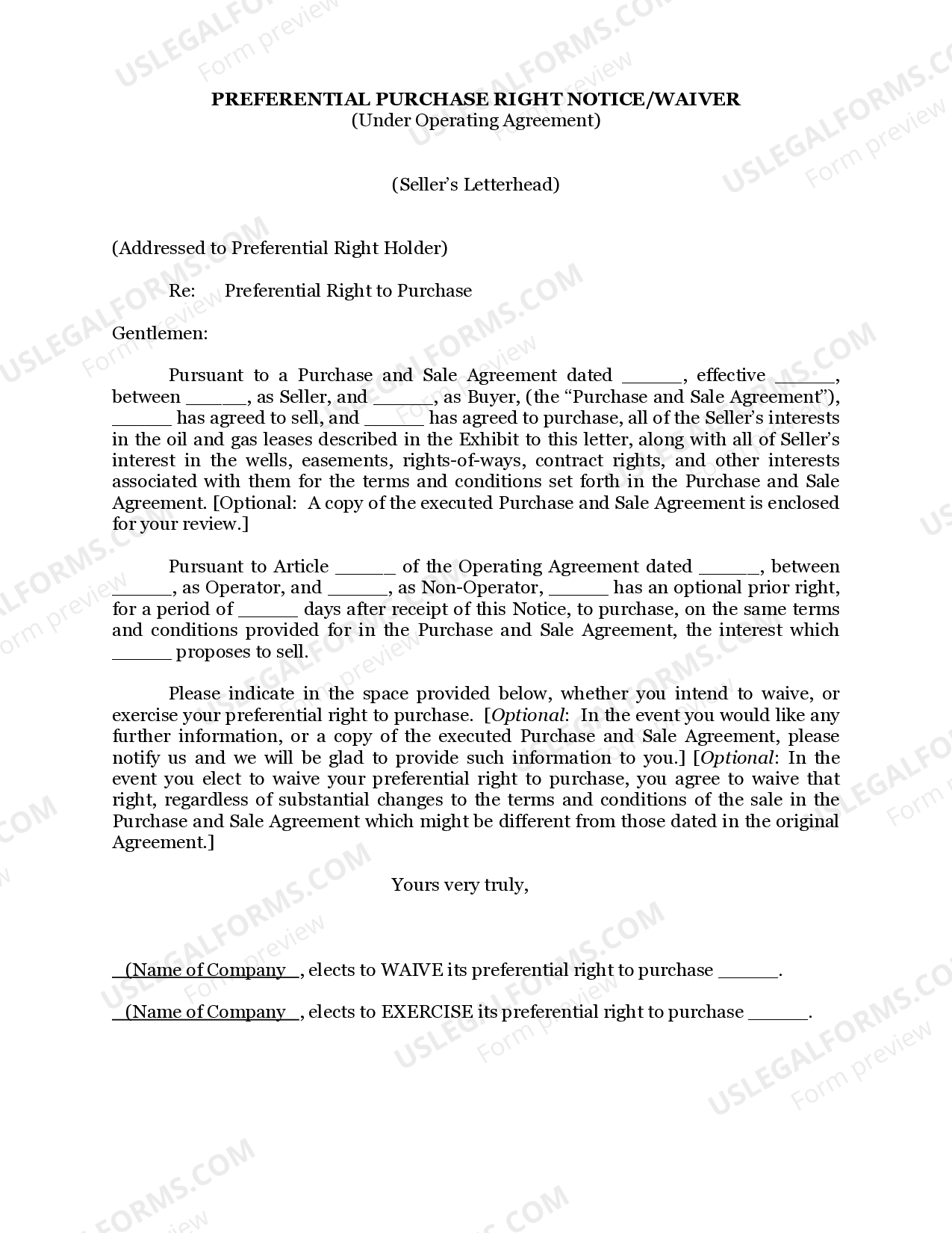 Preferential Purchase Right Notice / Waiver Under Operating Agreement ...