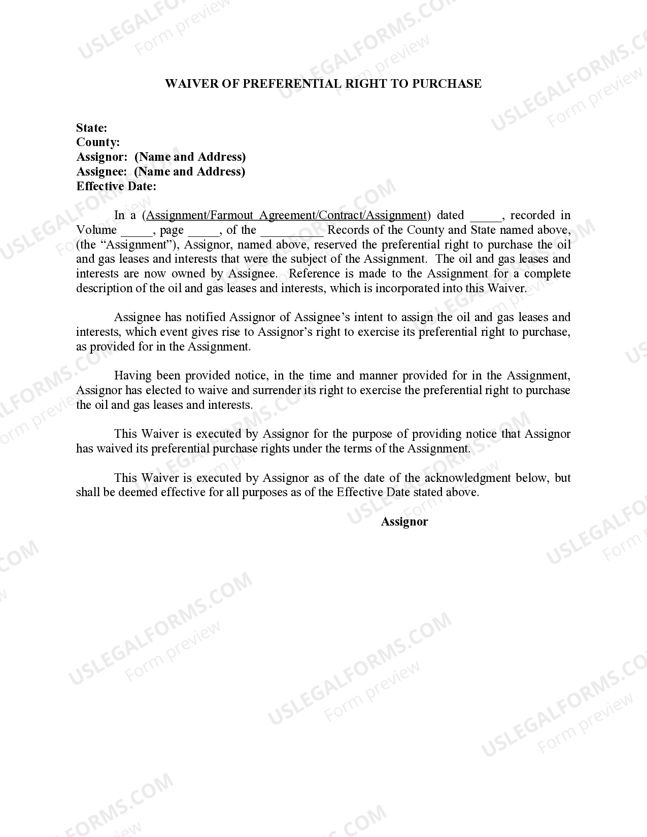 Waiver of Preferential Right to Purchase | US Legal Forms