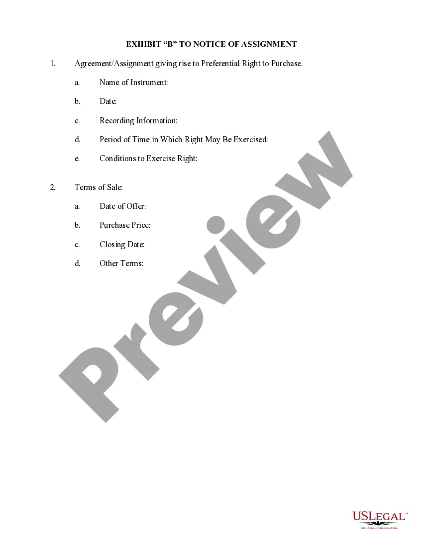 Get Notice of Assignment by Seller to Holder of Preferential Purchase Right Preview Notice of Assignment by Seller to Holder of Preferential Purchase Right