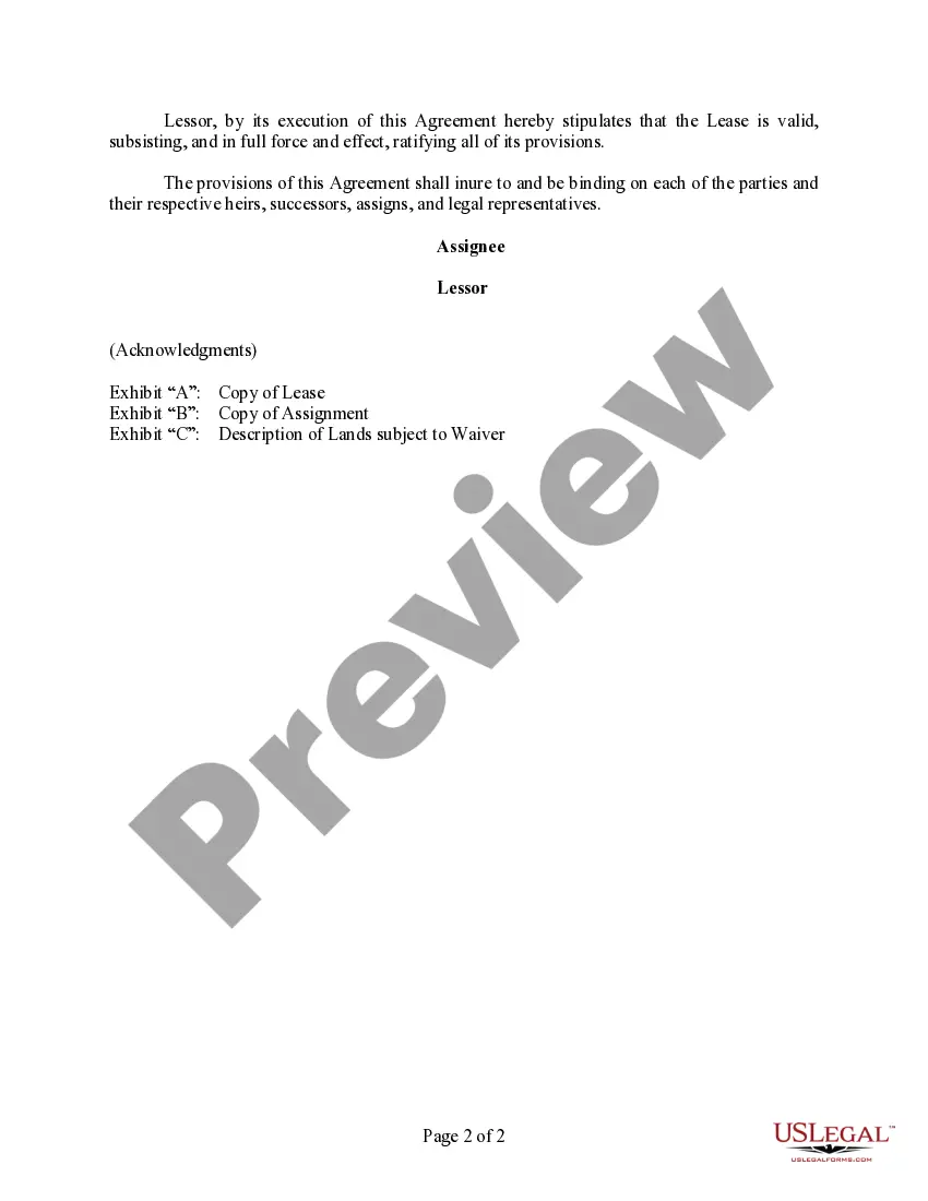 Get Agreement Waiving Surface Use by Oil and Gas Lessee Preview Agreement Waiving Surface Use by Oil and Gas Lessee