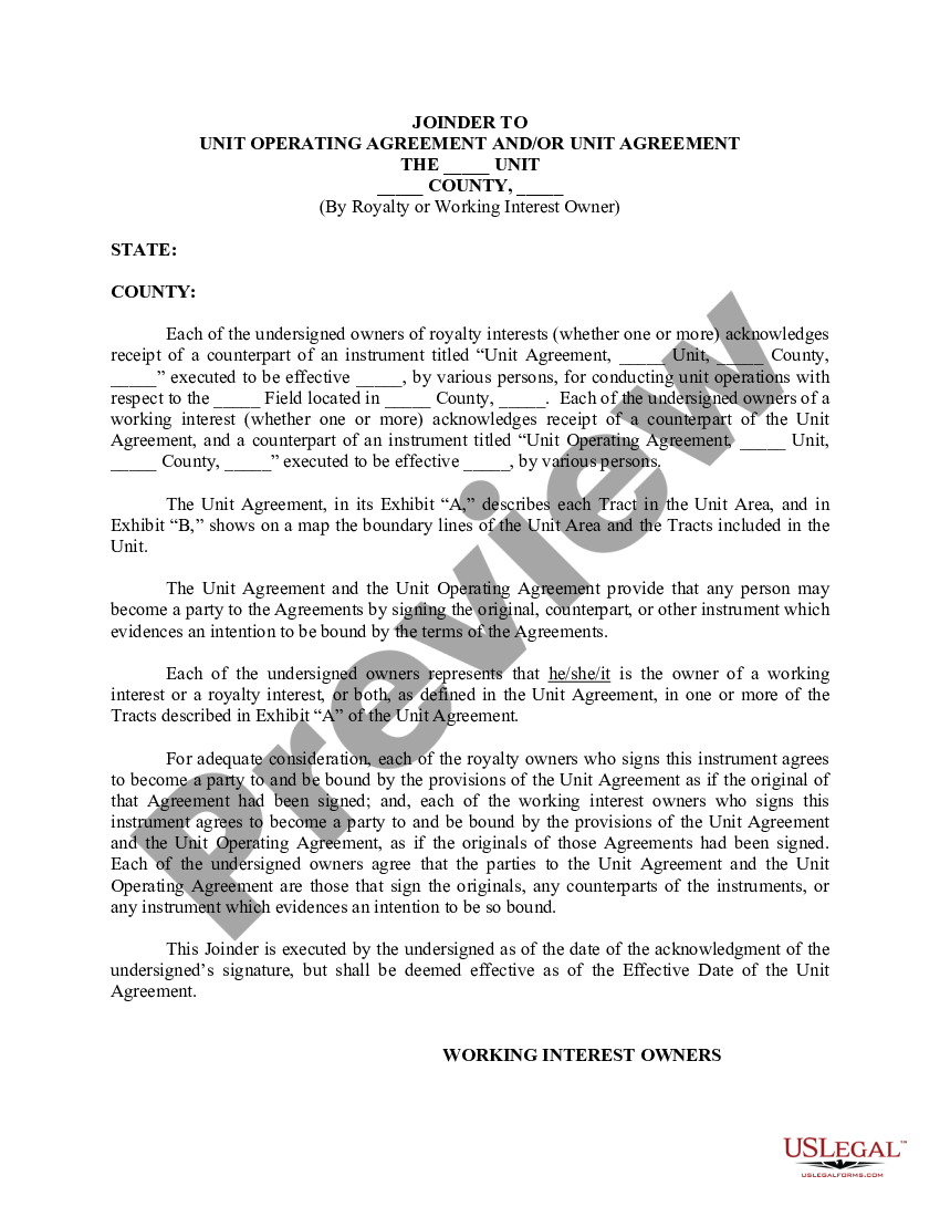 Joinder to Unit Operating Agreement and / or Unit Agreement - Sample ...