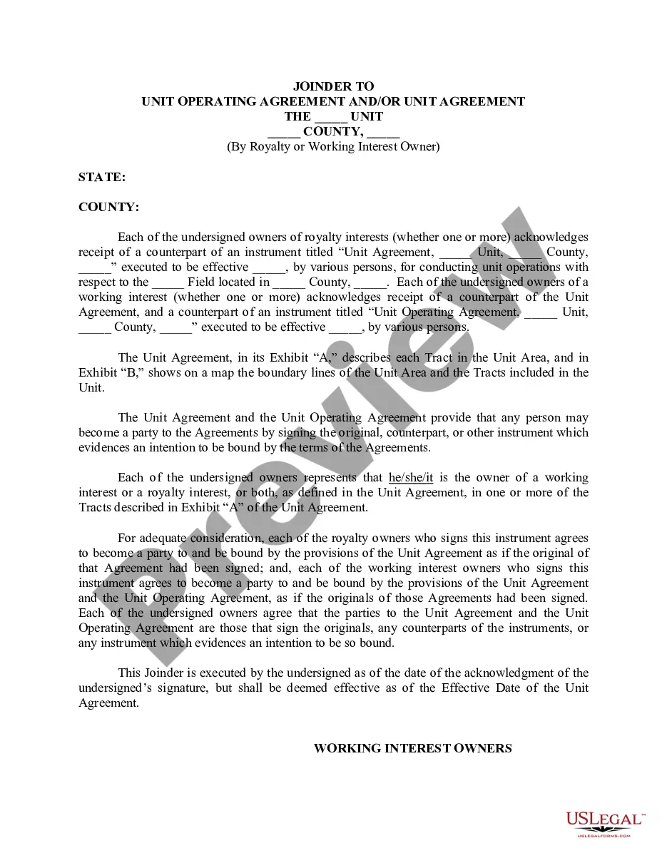 Pennsylvania Joinder to Unit Operating Agreement and / or Unit