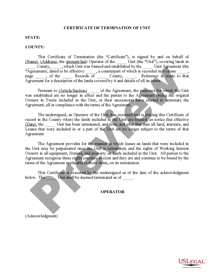 Get Certificate of Termination of Unit Preview Certificate of Termination of Unit