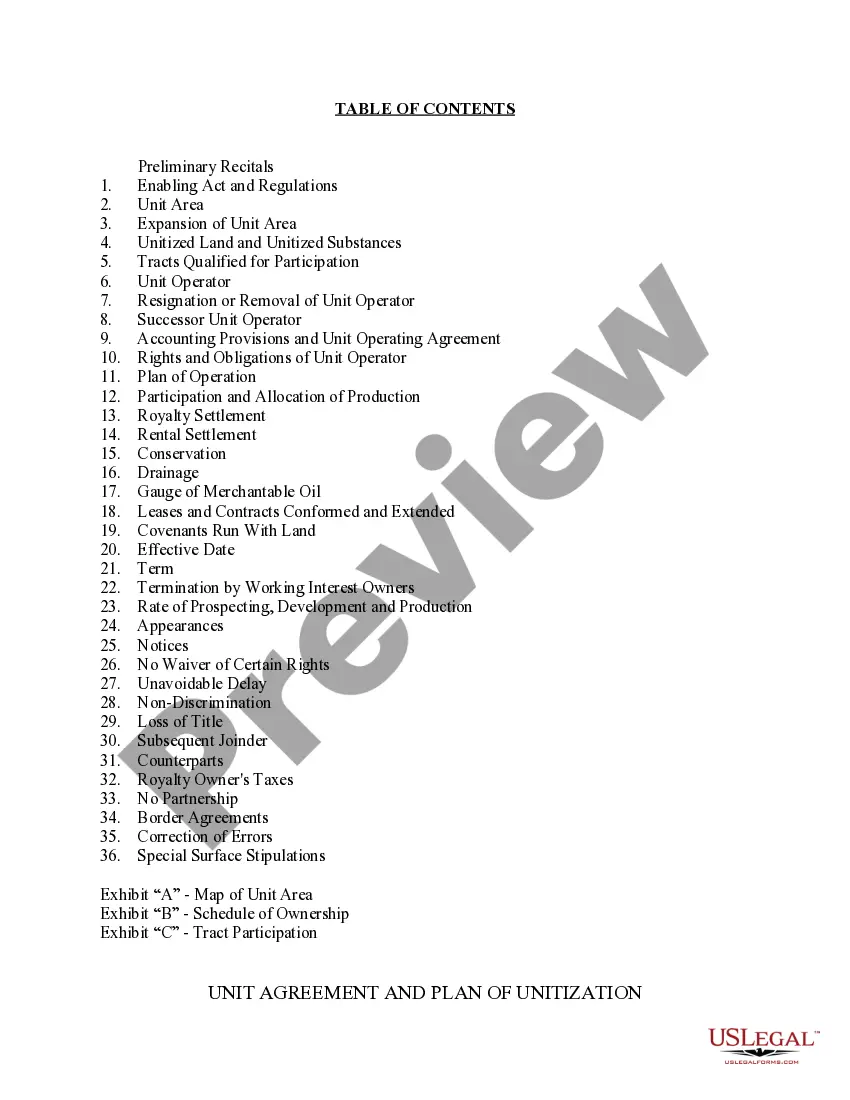 Get Unit Agreement and Plan of Unitization Preview Unit Agreement and Plan of Unitization