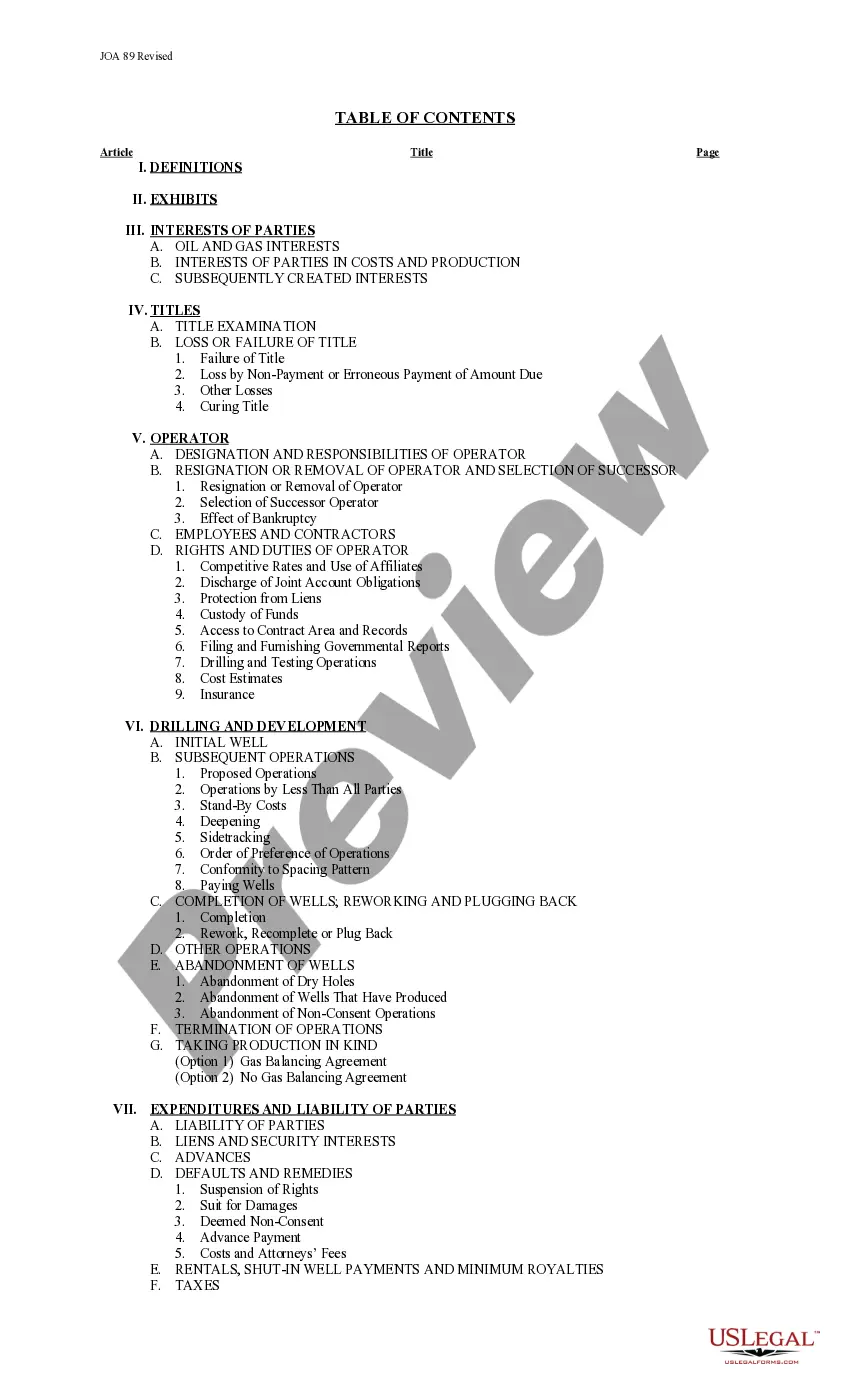 Get Joint Operating Agreement 89 Revised Preview Joint Operating Agreement 89 Revised