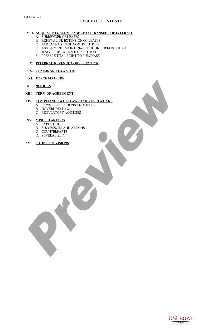 Get Joint Operating Agreement 89 Revised Preview Joint Operating Agreement 89 Revised