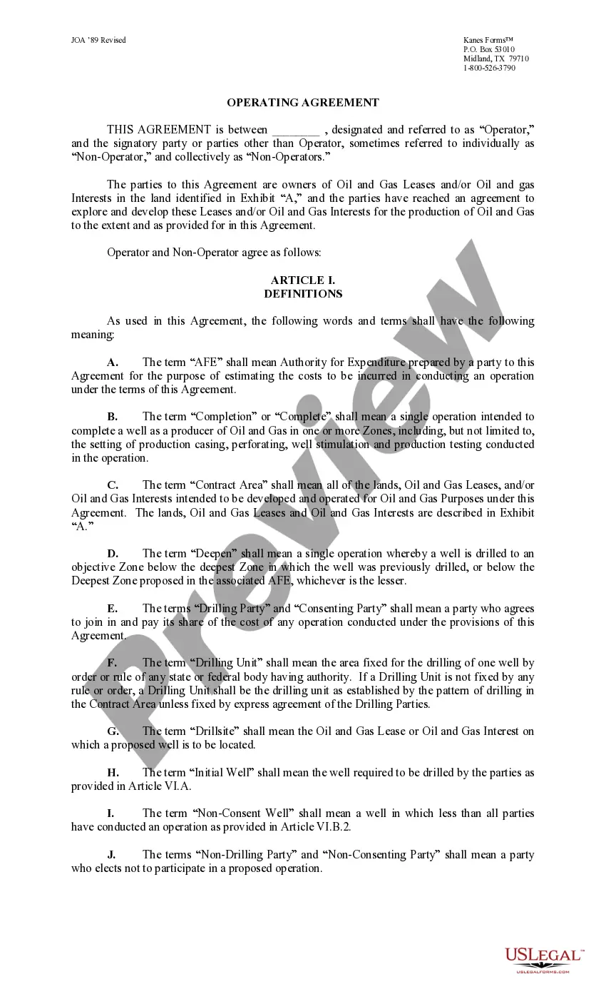 Get Joint Operating Agreement 89 Revised Preview Joint Operating Agreement 89 Revised