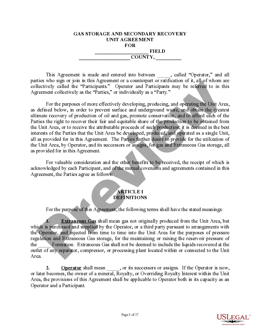 Get Gas Storage and Secondary Recovery Unit Agreement Preview Gas Storage and Secondary Recovery Unit Agreement