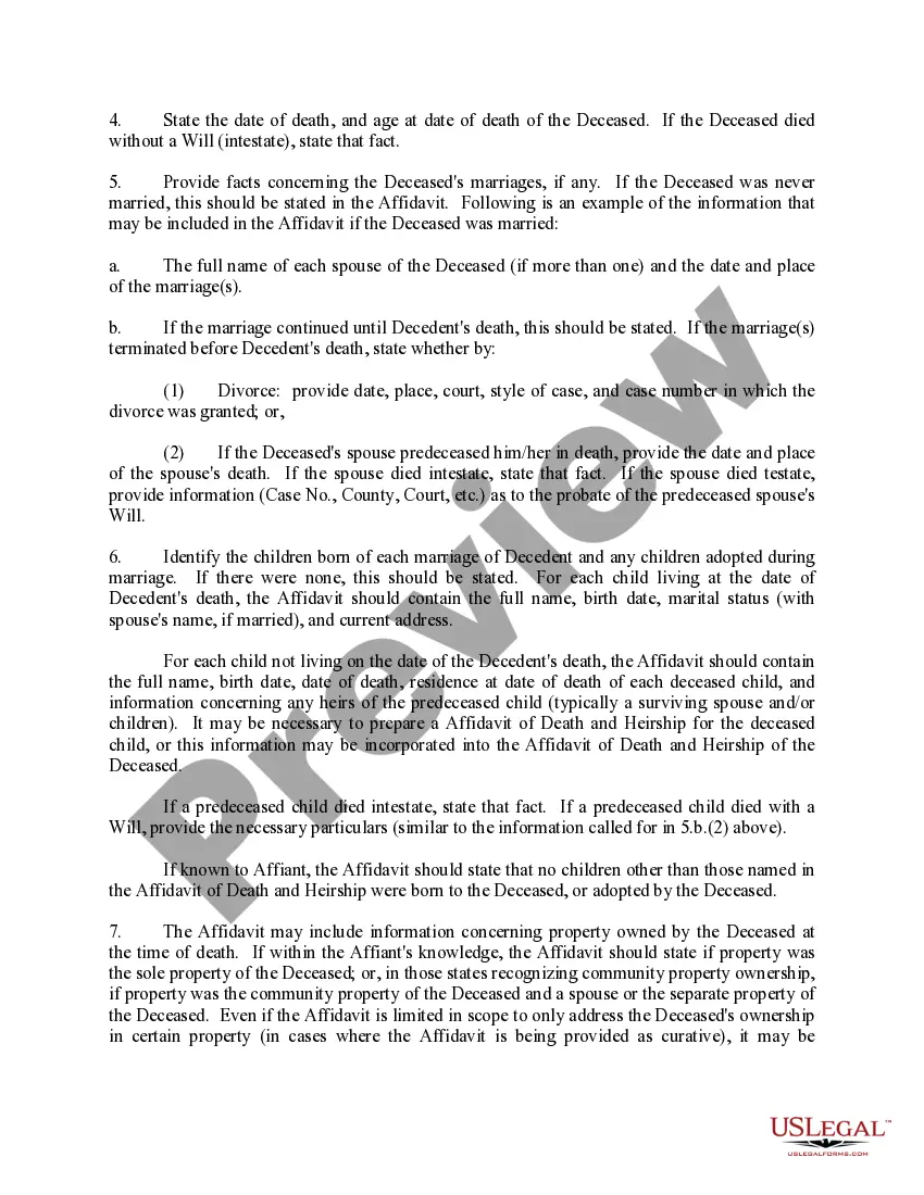 Get Affidavit of Death and Heirship (Information to Include in Affadavit) Preview Affidavit of Death and Heirship (Information to Include in Affadavit)