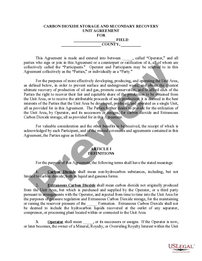 Get Carbon Dioxide Storage and Secondary Recovery Unit Agreement Preview Carbon Dioxide Storage and Secondary Recovery Unit Agreement