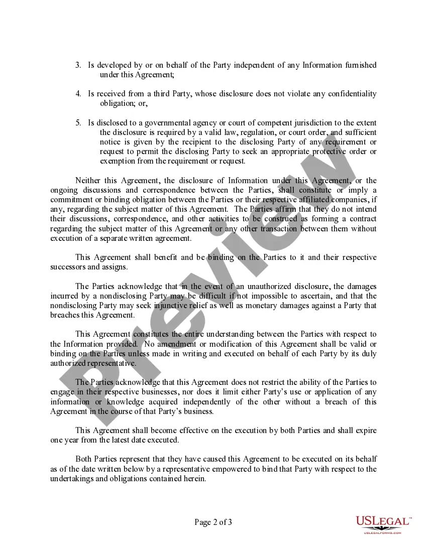 Get Confidentiality and Nondisclosure Agreement Preview Confidentiality and Nondisclosure Agreement