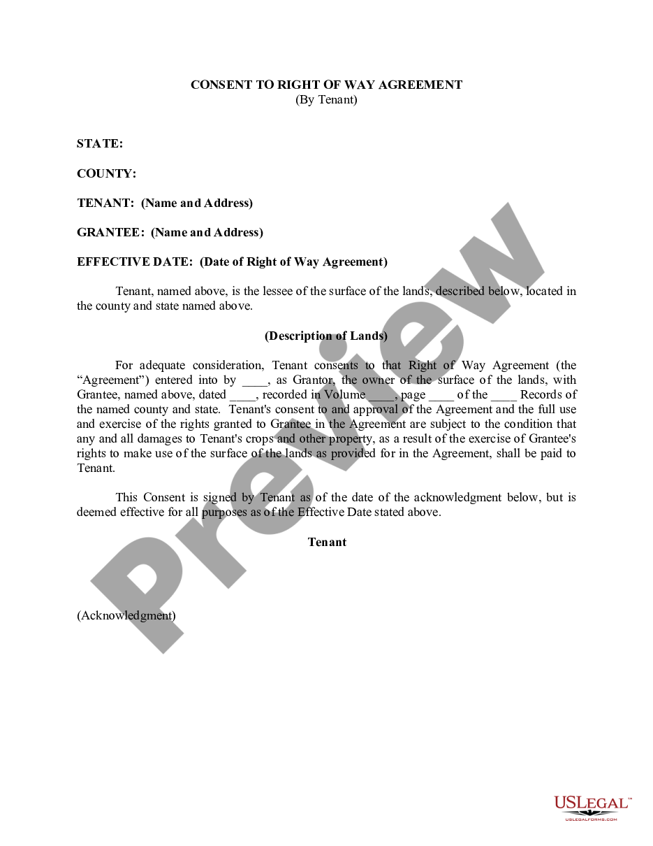 Travis Texas Consent to Right of Way Agreement (by Tenant) Right Way