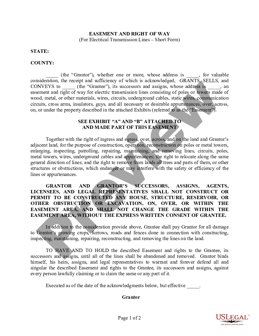 Easement And Right Of Way (for Electrical Transmission Lines - Short 