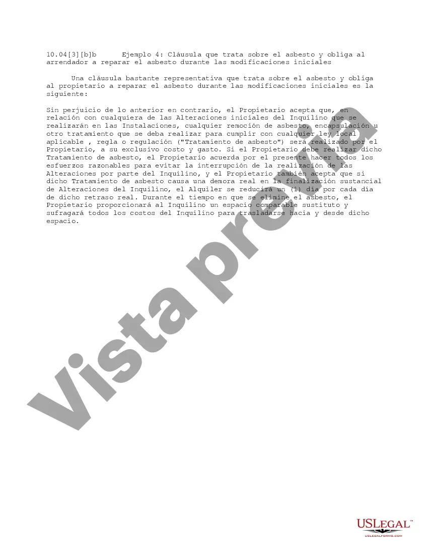 Preview Cláusula que trata sobre el asbesto y hace que el arrendador repare el asbesto durante las modificaciones iniciales