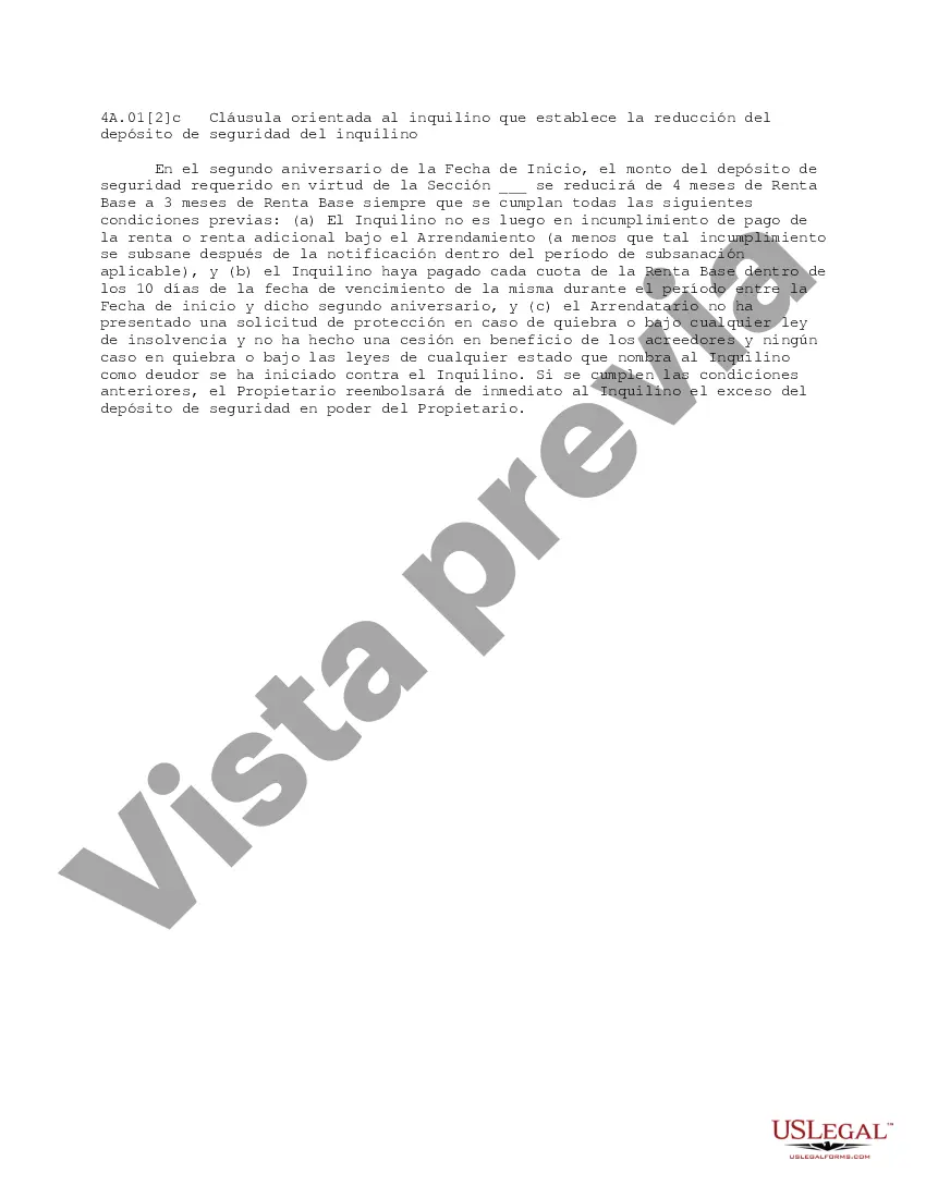 Preview Cláusula orientada al inquilino que establece la reducción del depósito de seguridad del inquilino