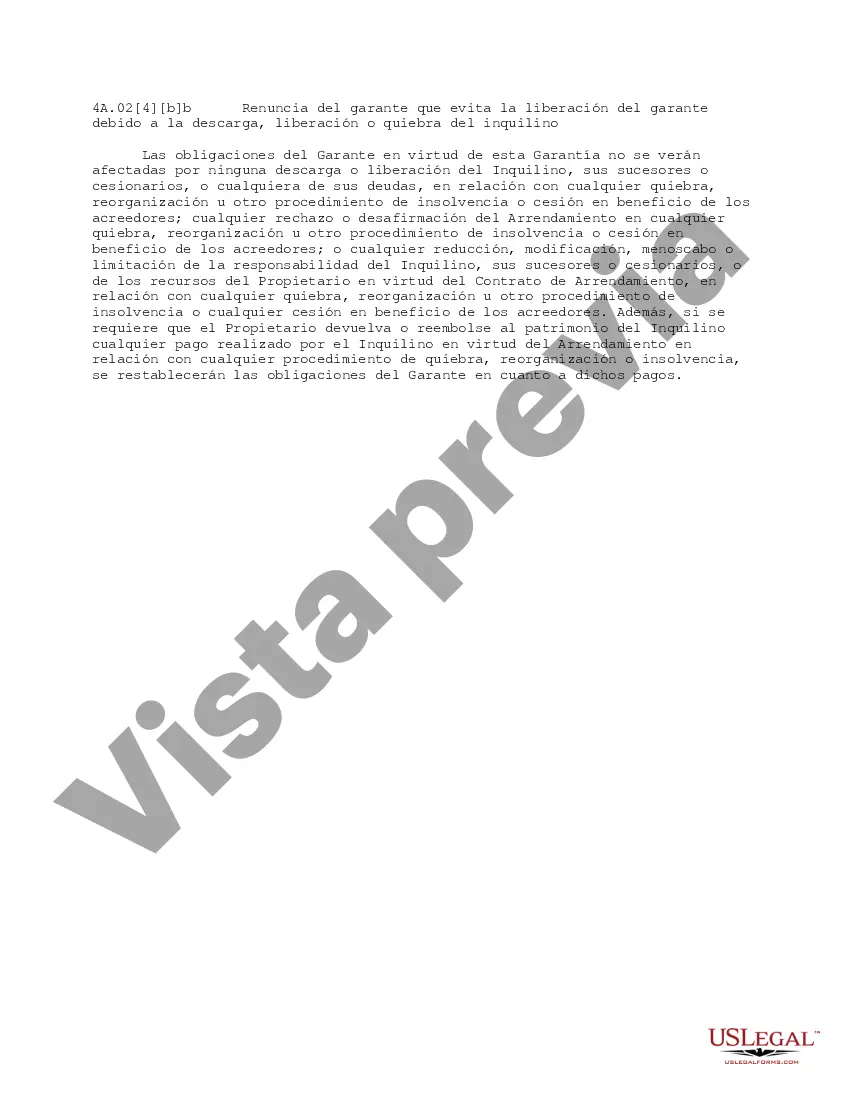 Preview Renuncia del garante que evita la liberación del garante por razón de la liberación del despido del inquilino o la quiebra